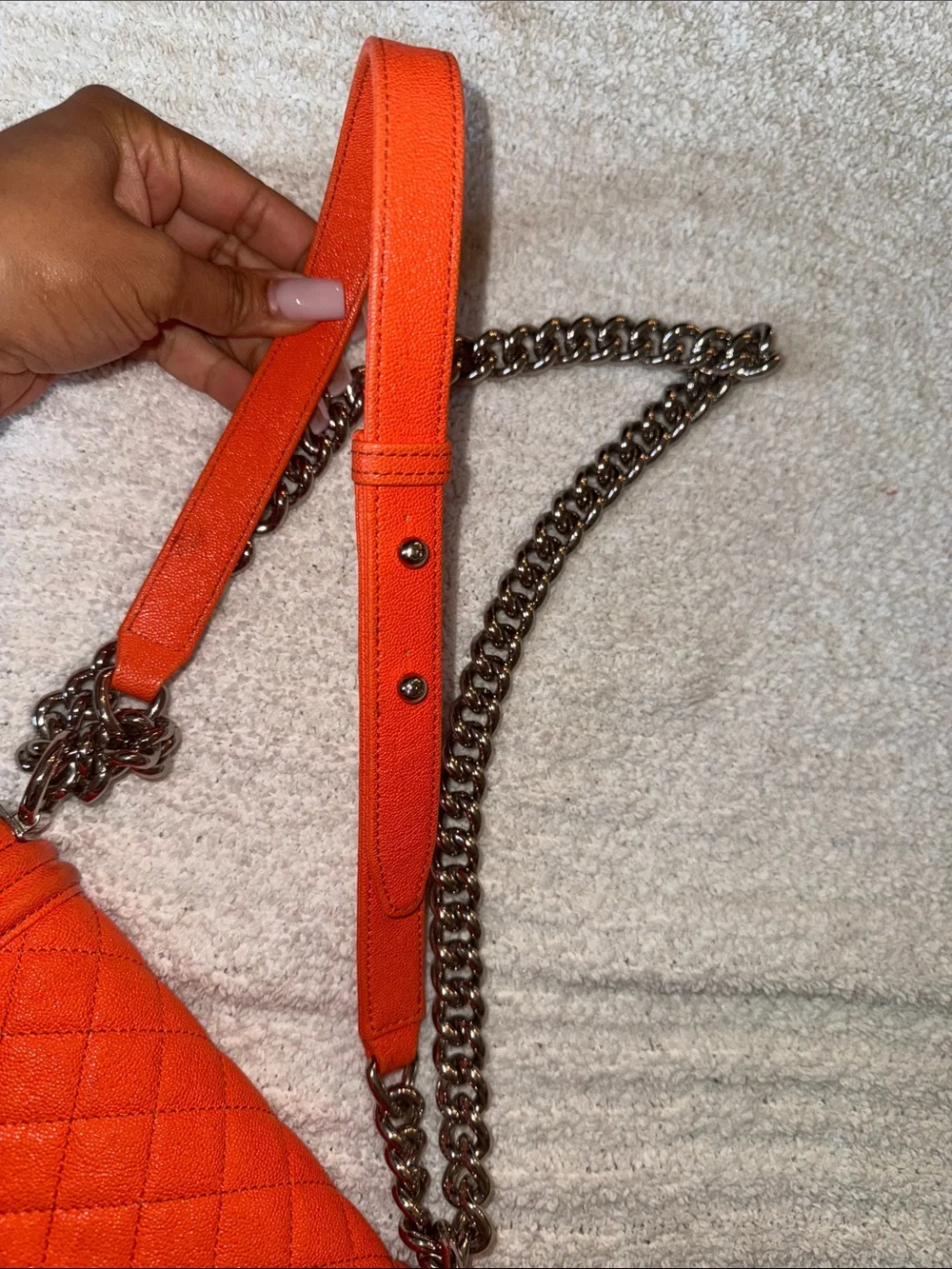 CHANEL Orange Quilted Boy Bag with Silver Chain